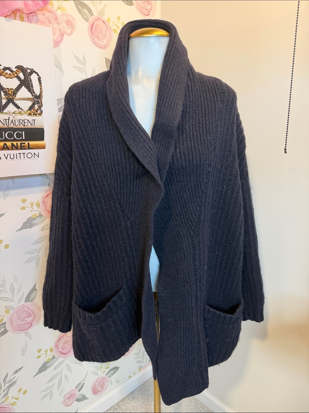 Hatch Dark Navy Shawl Collar Open Chunky Cardigan
